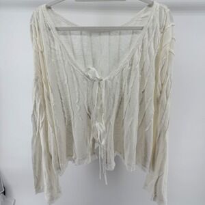 Free People XL Blouse Top Long Sleeve Tie Front Textured Lightweight Cottagecore